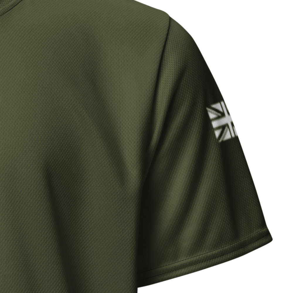 Close up of Olive left short sleeve unisex fit Performance Jersey by Achilles Tactical Clothing Brand