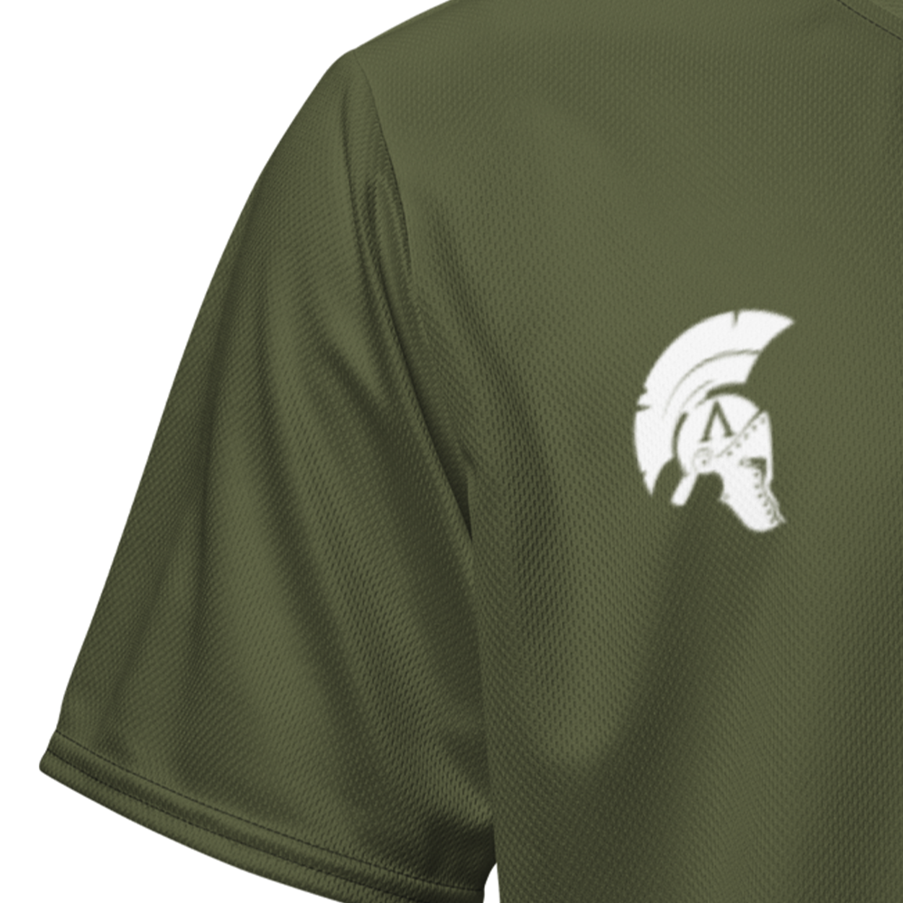 Close up of Olive right sleeve unisex fit Performance Jersey by Achilles Tactical Clothing Brand