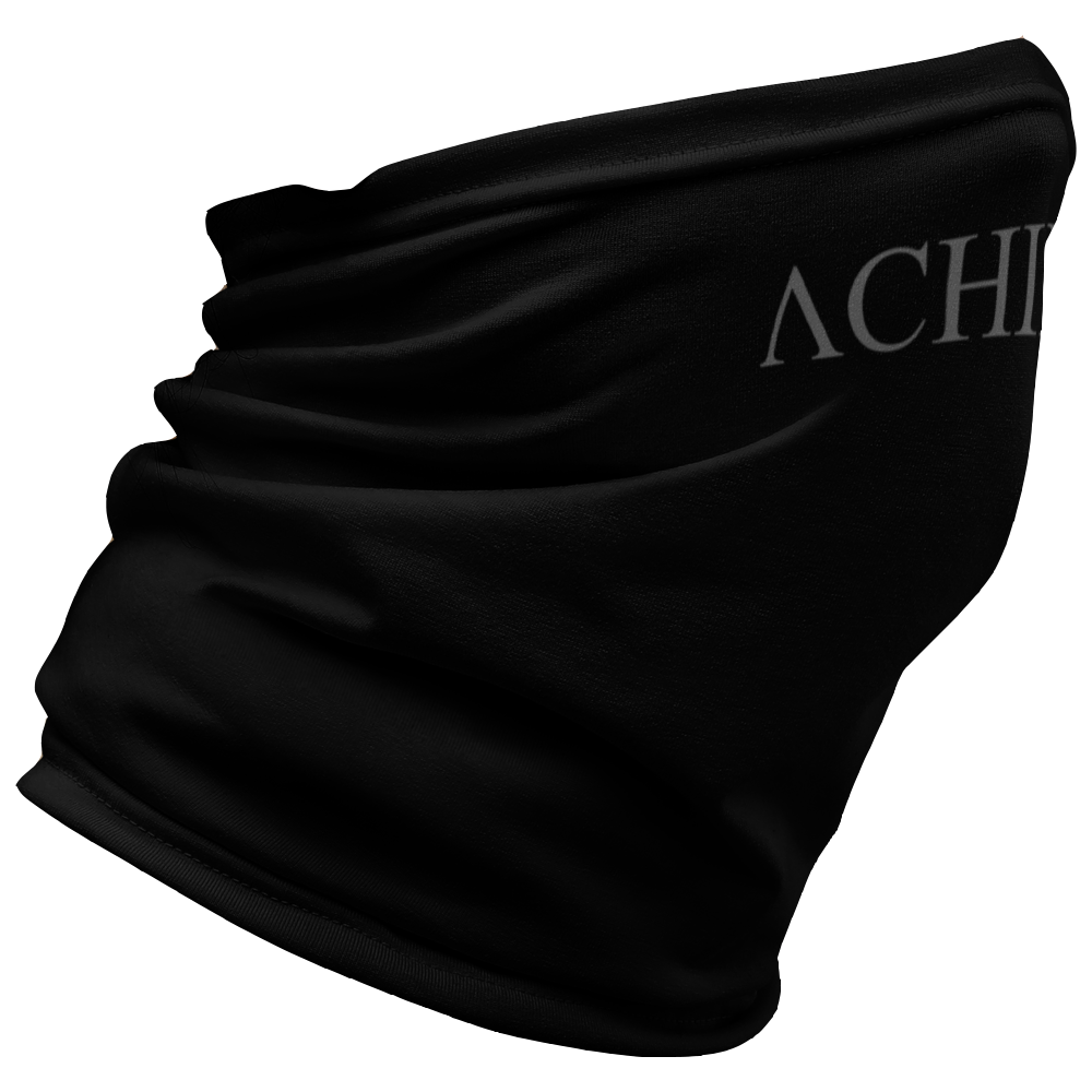 Right View of black Achilles Tactical Clothing Brand head face and neck tube printed with wolf grey Achilles Icon Logo design
