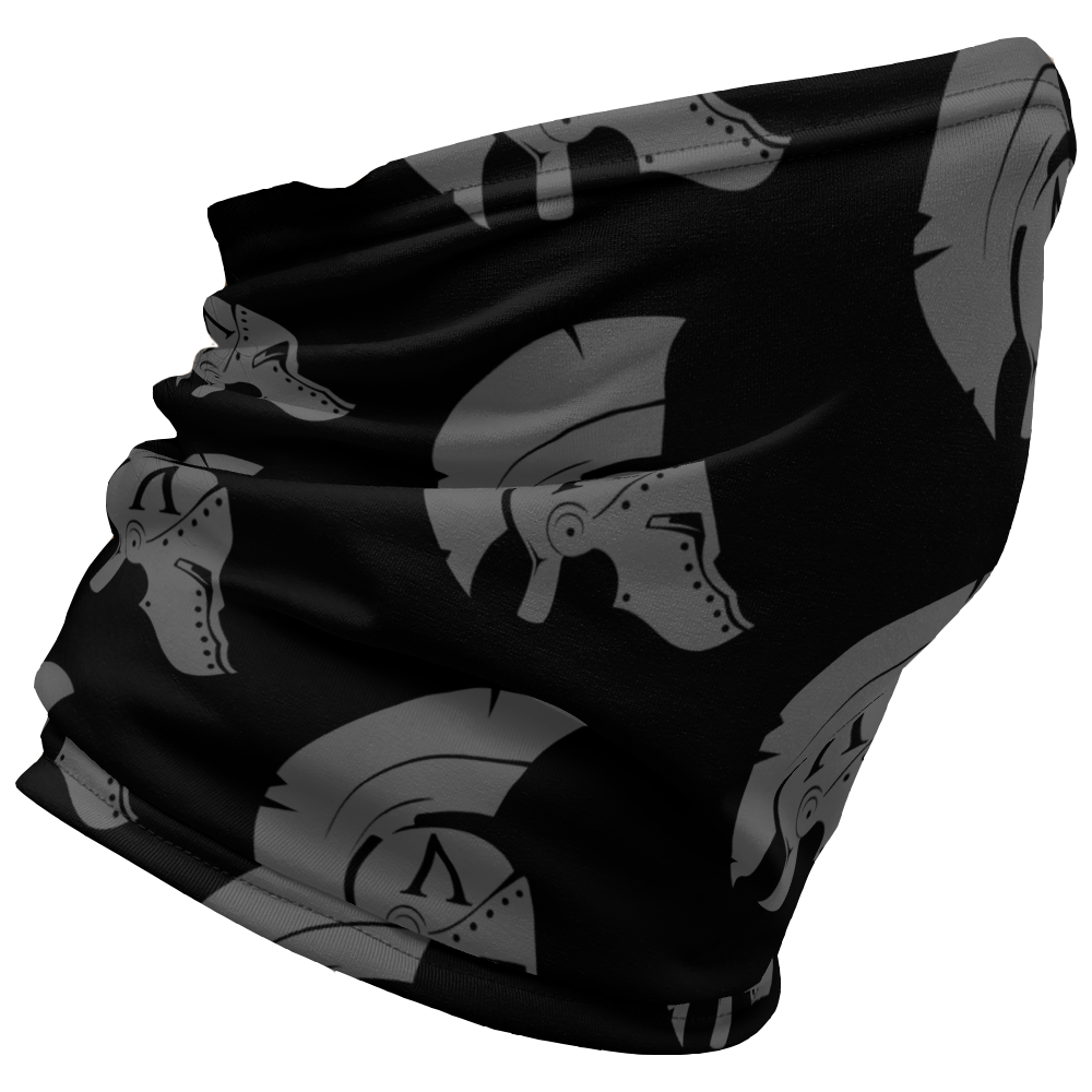 Right View of black Achilles Tactical Clothing Brand head face and neck tube printed with wolf grey repeating Achilles Helmet Icon Logo design