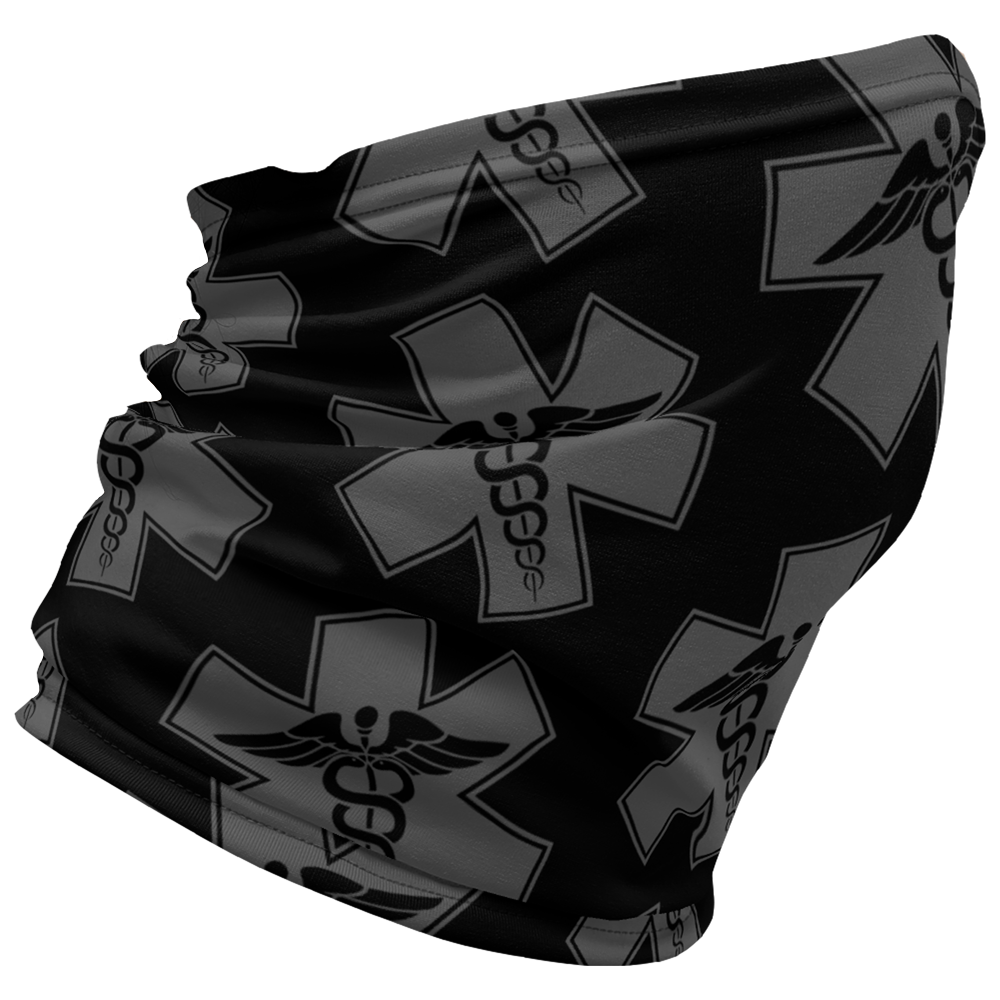 Right view of black Achilles Tactical Clothing Brand head face and neck tube printed with wolf grey repeating Tac Medic Logo design