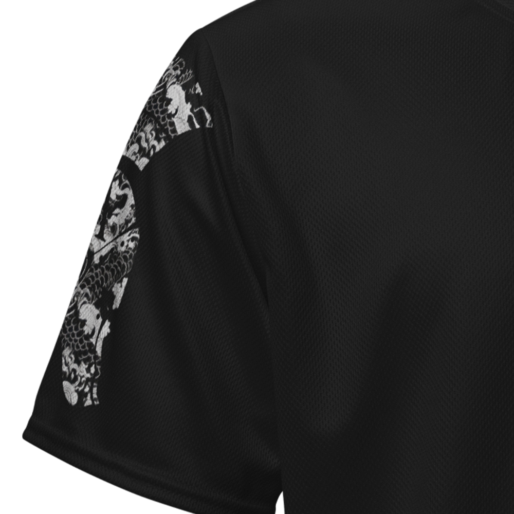 Close up of right sleeve of Achilles Tactical Clothing Brand performance jersey in grey Japanese style design