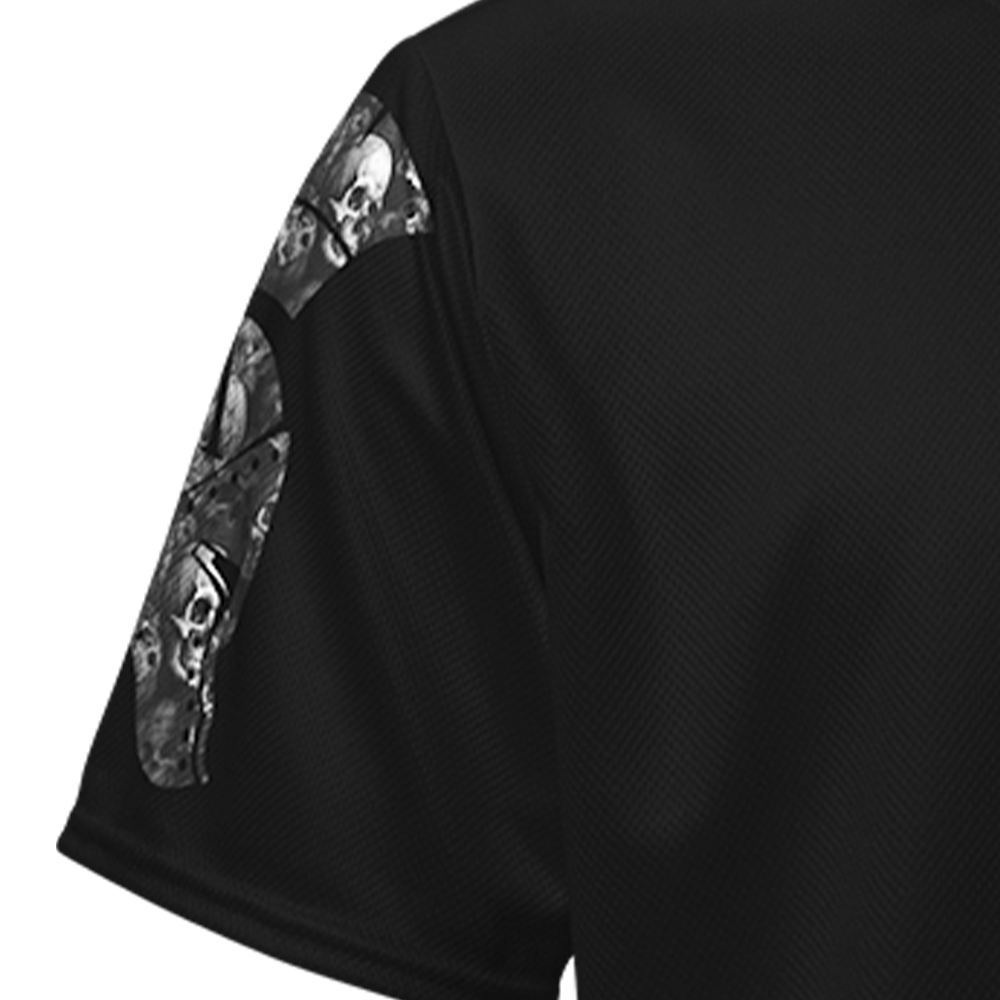 Close up of right sleeve of Achilles Tactical Clothing Brand  performance jersey in grey Skulls style design