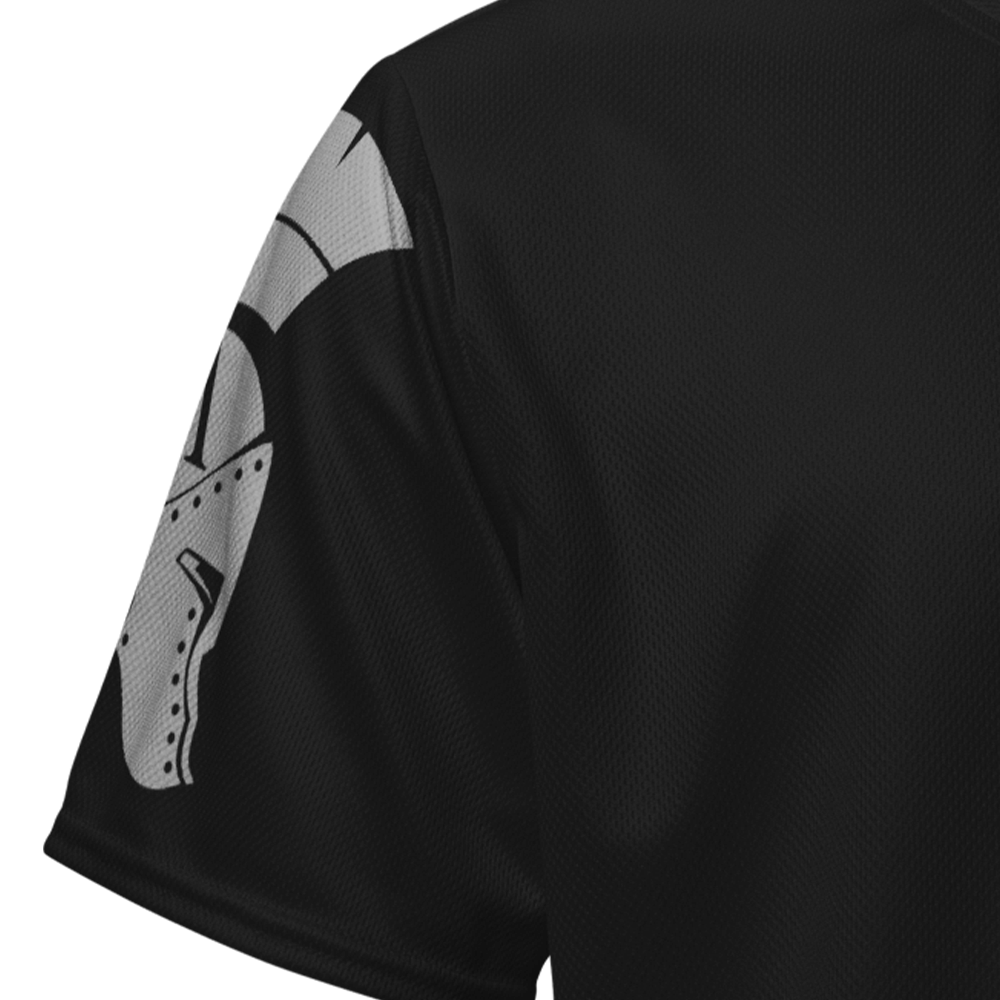 Close up of Right sleeve of Achilles Tactical Clothing Brand  performance jersey in Wolf grey design