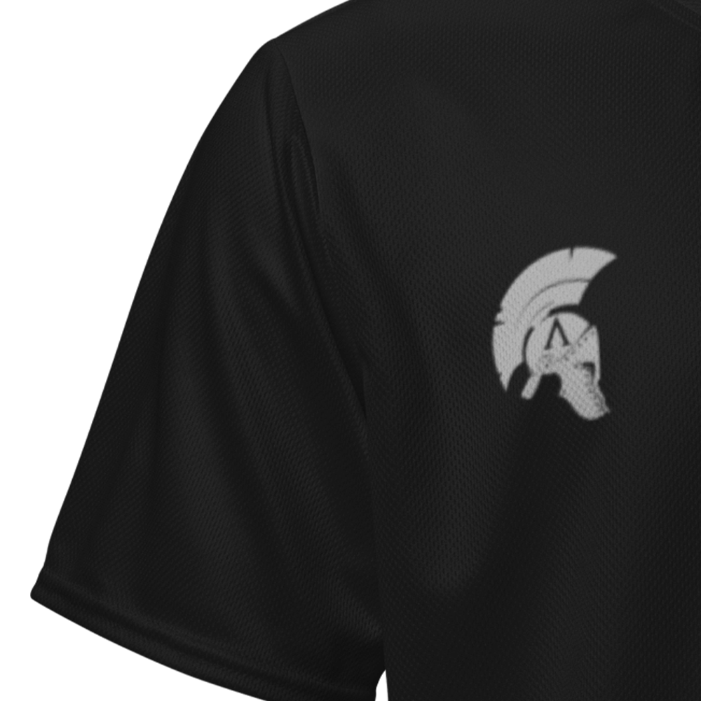 Close up of right sleeve of black short sleeve unisex fit Performance Jersey by Achilles Tactical Clothing Brand