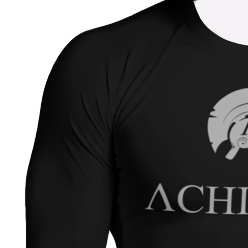 Close up of Right sleeve of Achilles Tactical Clothing Brand rash guard with Signature design in grey
