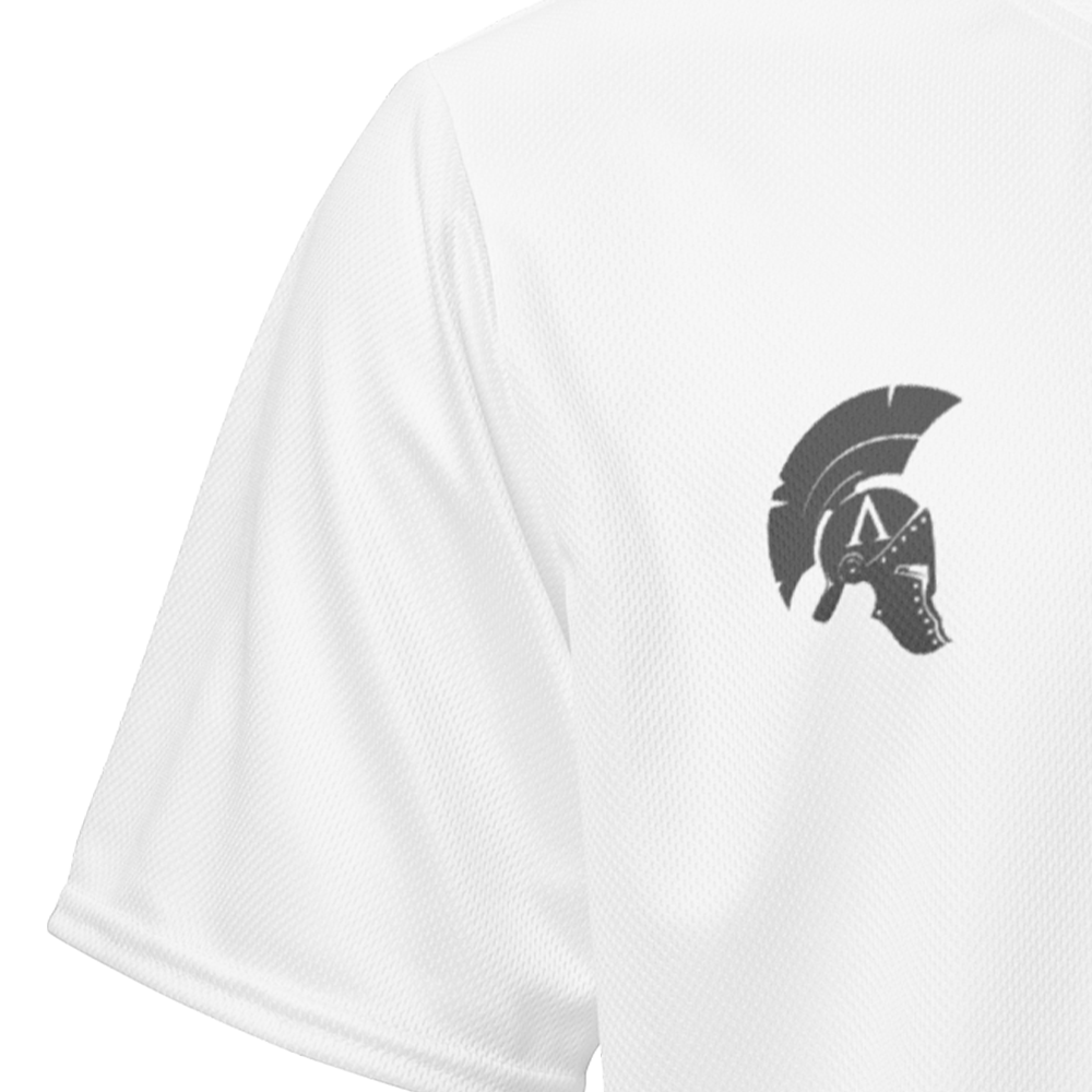 Close up of right sleeve of White short sleeve unisex fit Performance Jersey by Achilles Tactical Clothing Brand