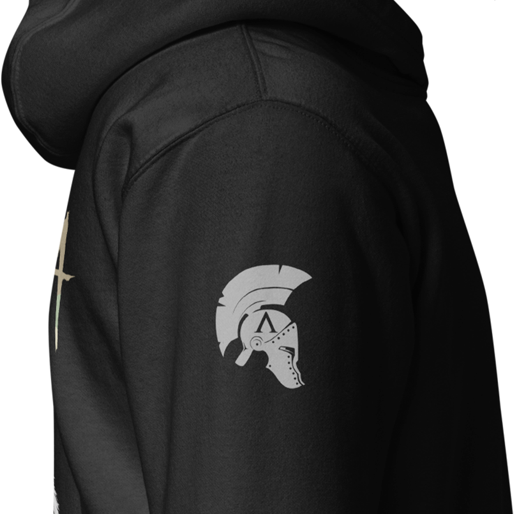 Close up of right sleeve of Black unisex fit Pullover Hoodie by Achilles Tactical Clothing Brand printed with Large Gorilla Warfare design across back