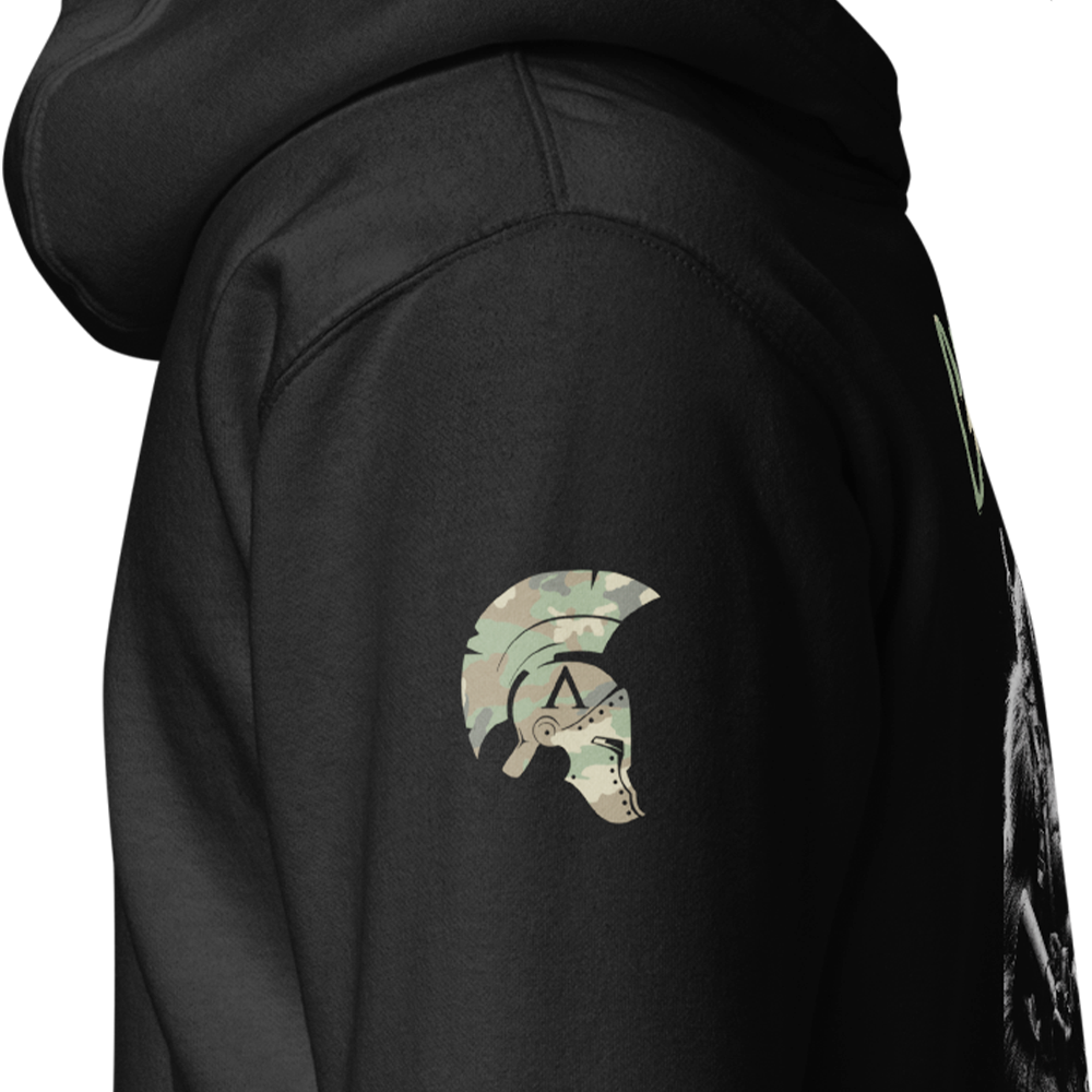 Close up of right sleeve of black Achilles Tactical Clothing Brand hoodie Gorilla Warfare design