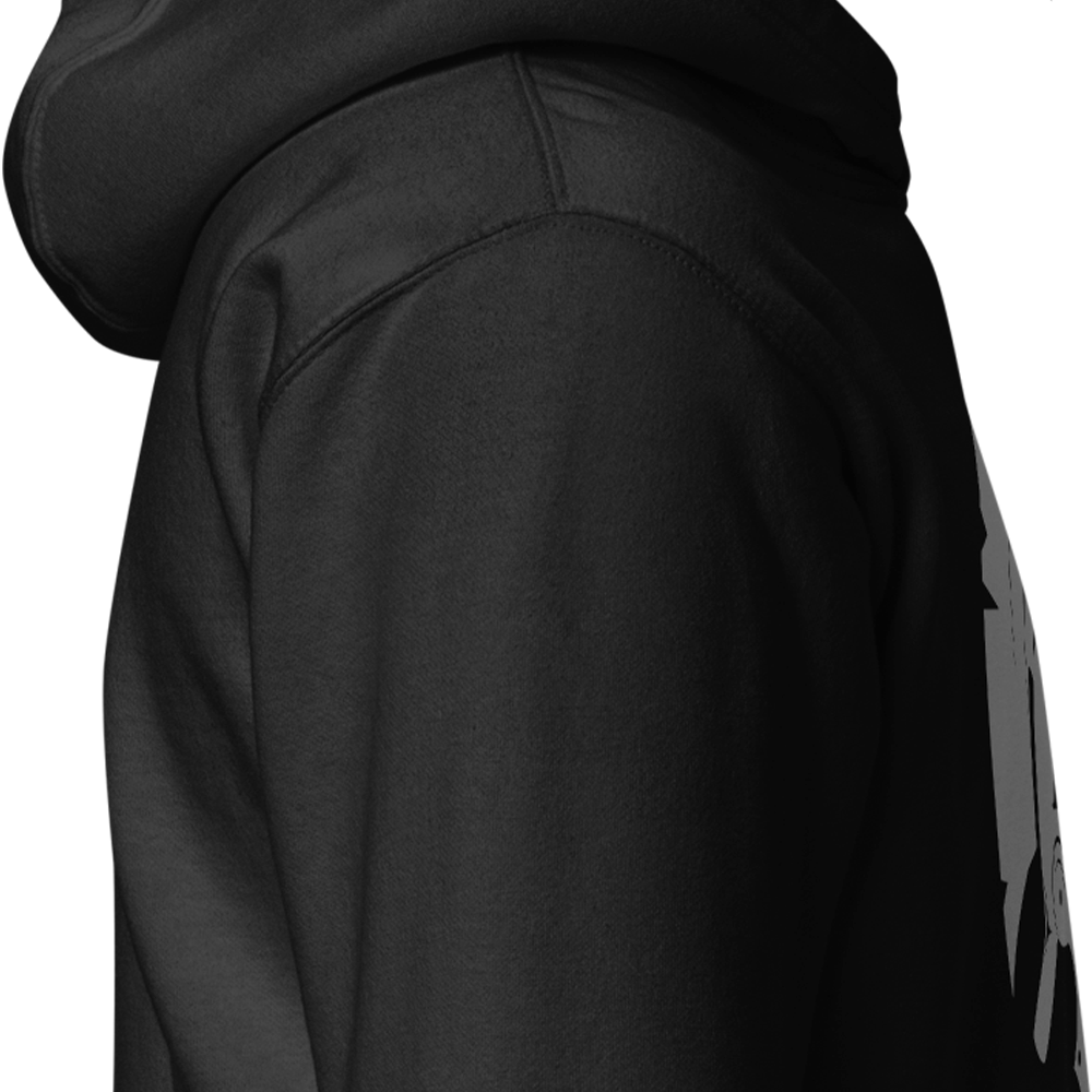Close up of right sleeve of black Achilles Tactical Clothing Brand hoodie Icon design