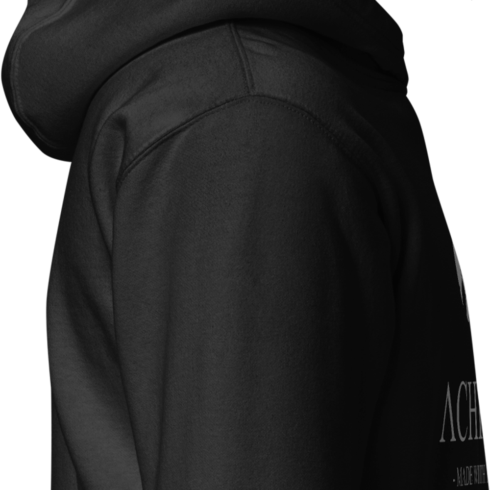 Close up of right sleeve of black Achilles Tactical Clothing Brand hoodie signature design