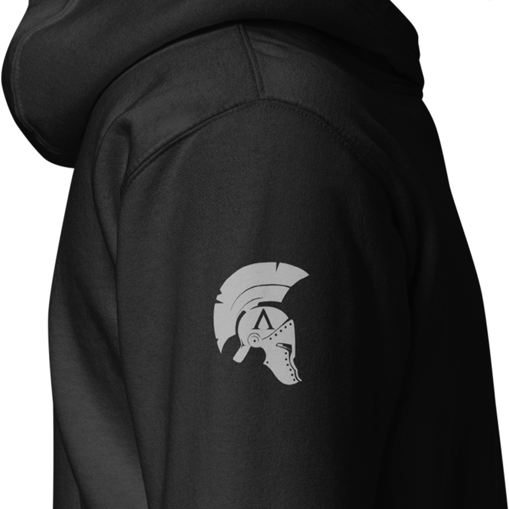 Close up of right sleeve of Black unisex fit Pullover Hoodie by Achilles Tactical Clothing Brand printed with Large Stay Frosty design across back