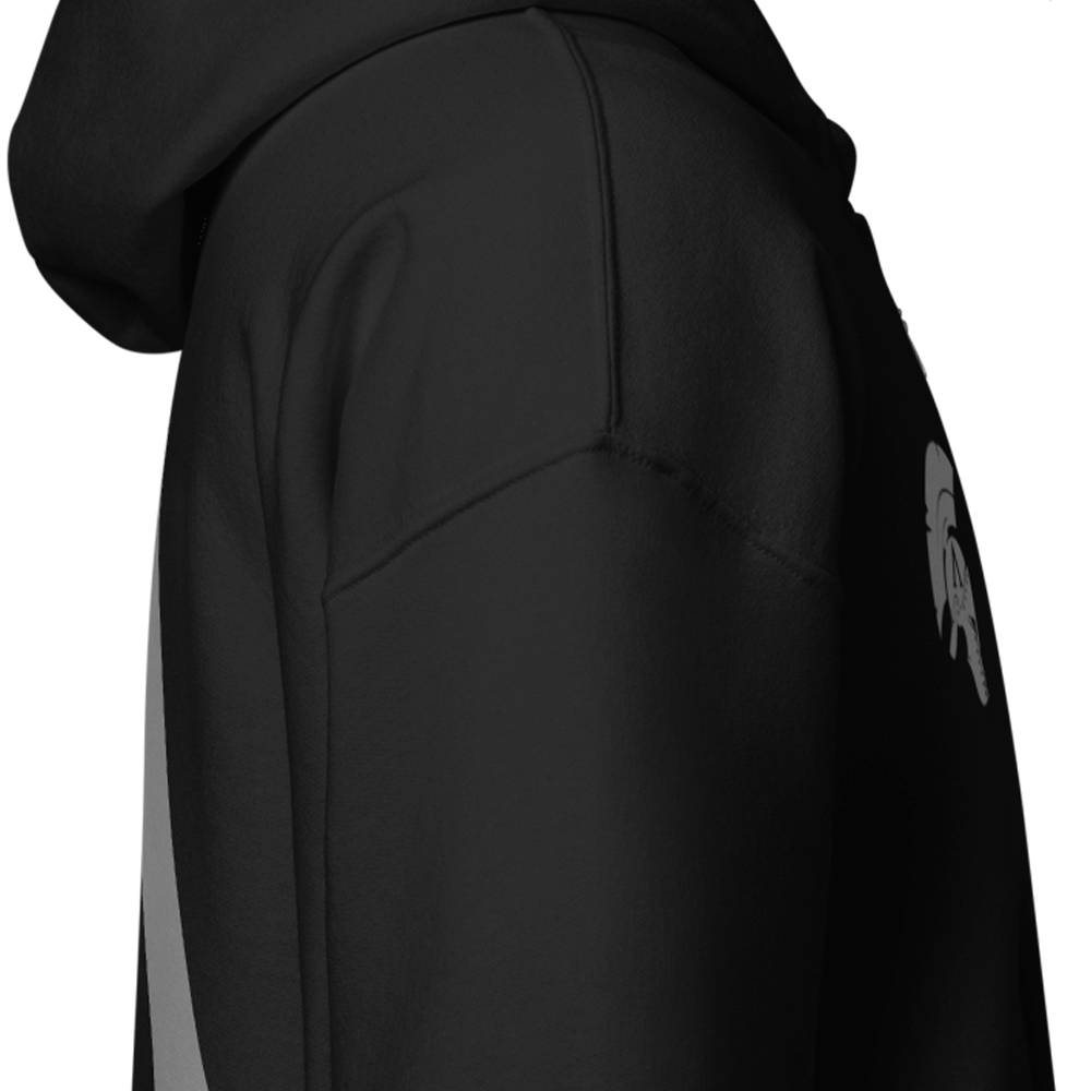 Close up of left sleeve of black Achilles Tactical Clothing Brand zipper hoodie with Alpha design on back