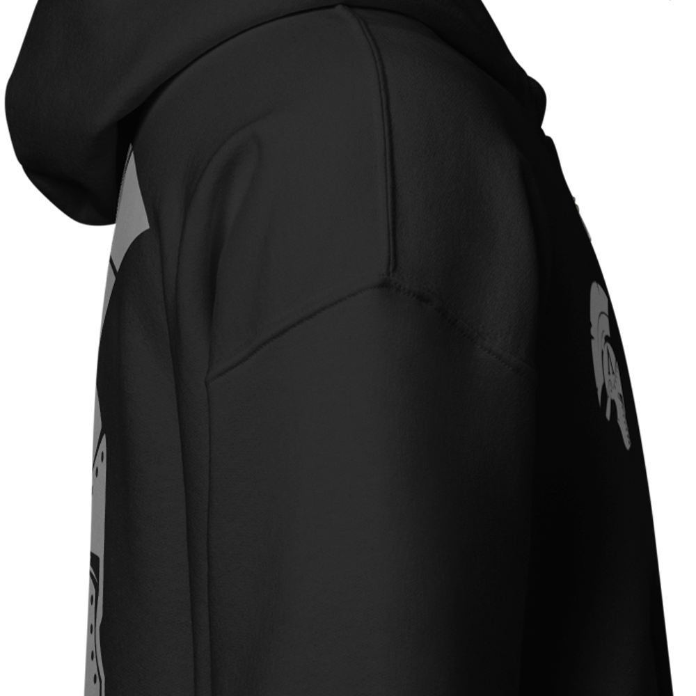 Close up of left sleeve of black Achilles Tactical Clothing Brand zipper hoodie with Icon design on back