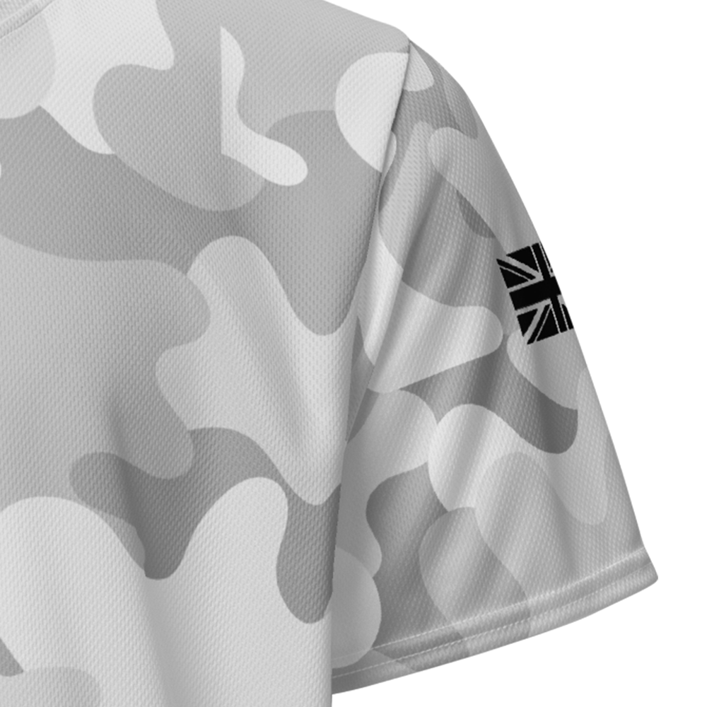 Close up  of arctic camo left sleeve unisex fit Performance Jersey by Achilles Tactical Clothing Brand