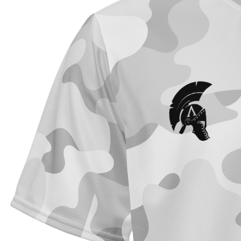 Close up of arctic camo right sleeve unisex fit Performance Jersey by Achilles Tactical Clothing Brand