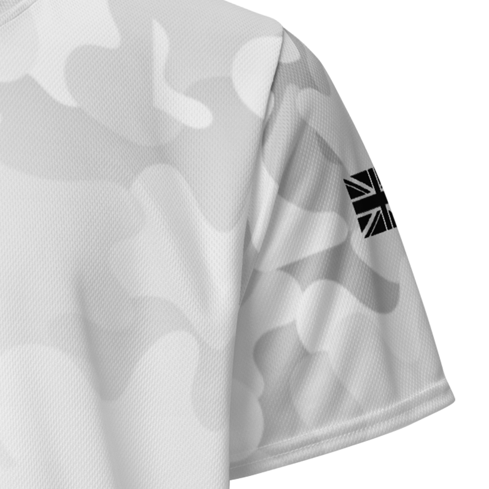 Close up of arctic camo-fade left sleeve unisex fit Performance Jersey by Achilles Tactical Clothing Brand