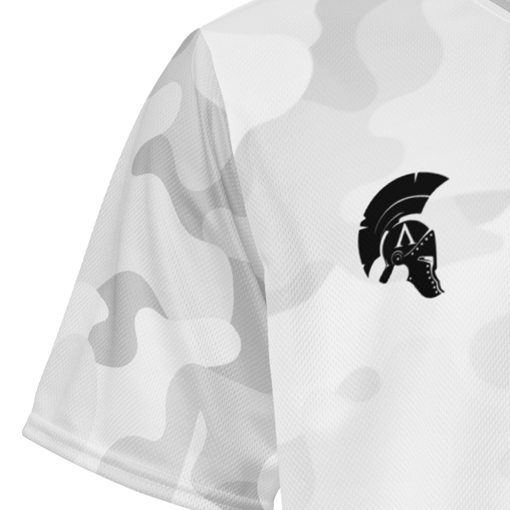 Close up of arctic camo-fade right sleeve unisex fit Performance Jersey by Achilles Tactical Clothing Brand