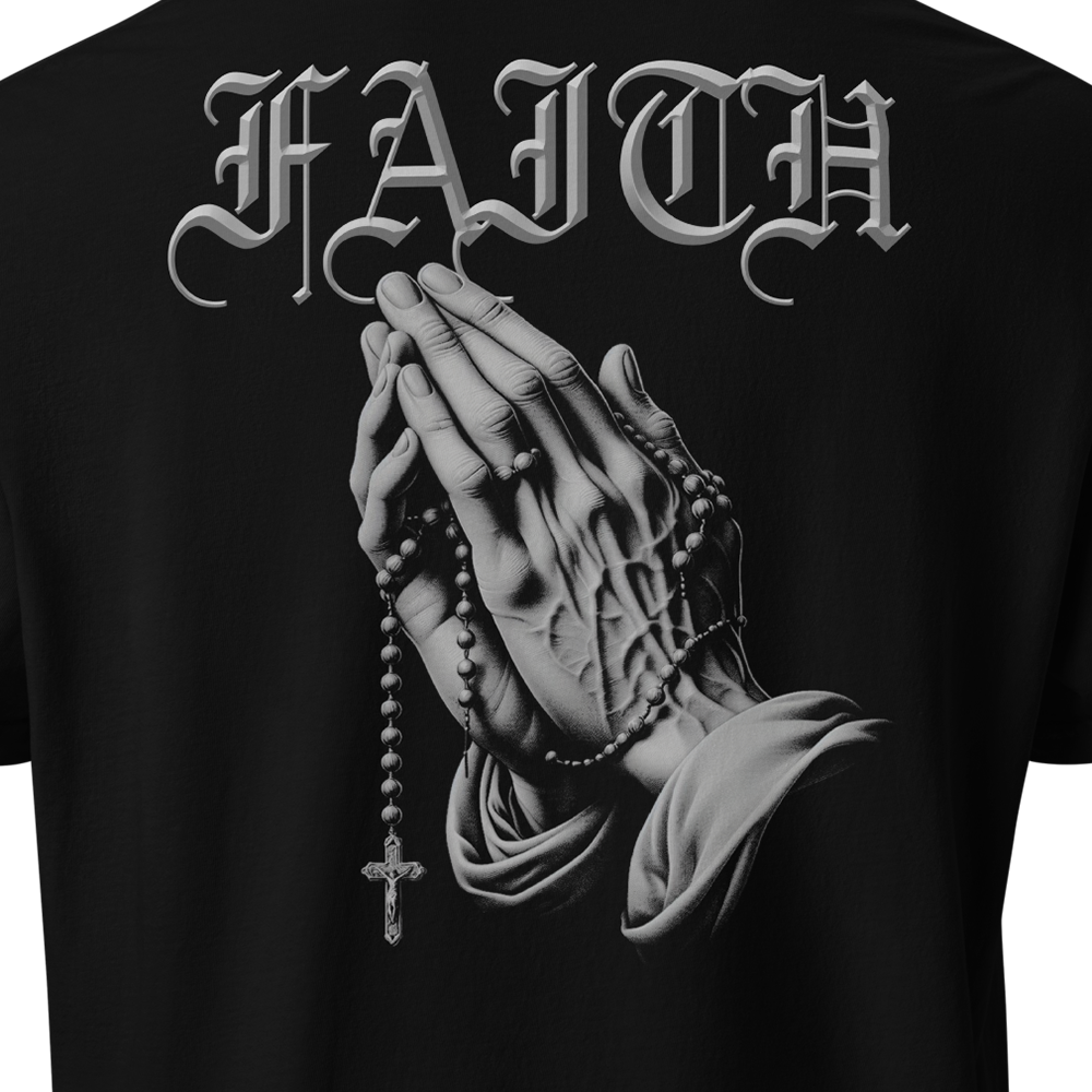 Close up of back view of Black short sleeve unisex fit classic cotton T-Shirt by Achilles Tactical Clothing Brand printed with Large Faith design across back