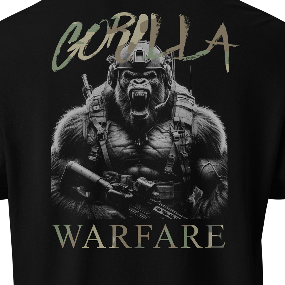 Close up of back view of Black short sleeve classic cotton unisex fit T-Shirt by Achilles Tactical Clothing Brand with screen printed Gorilla Warfare design on back