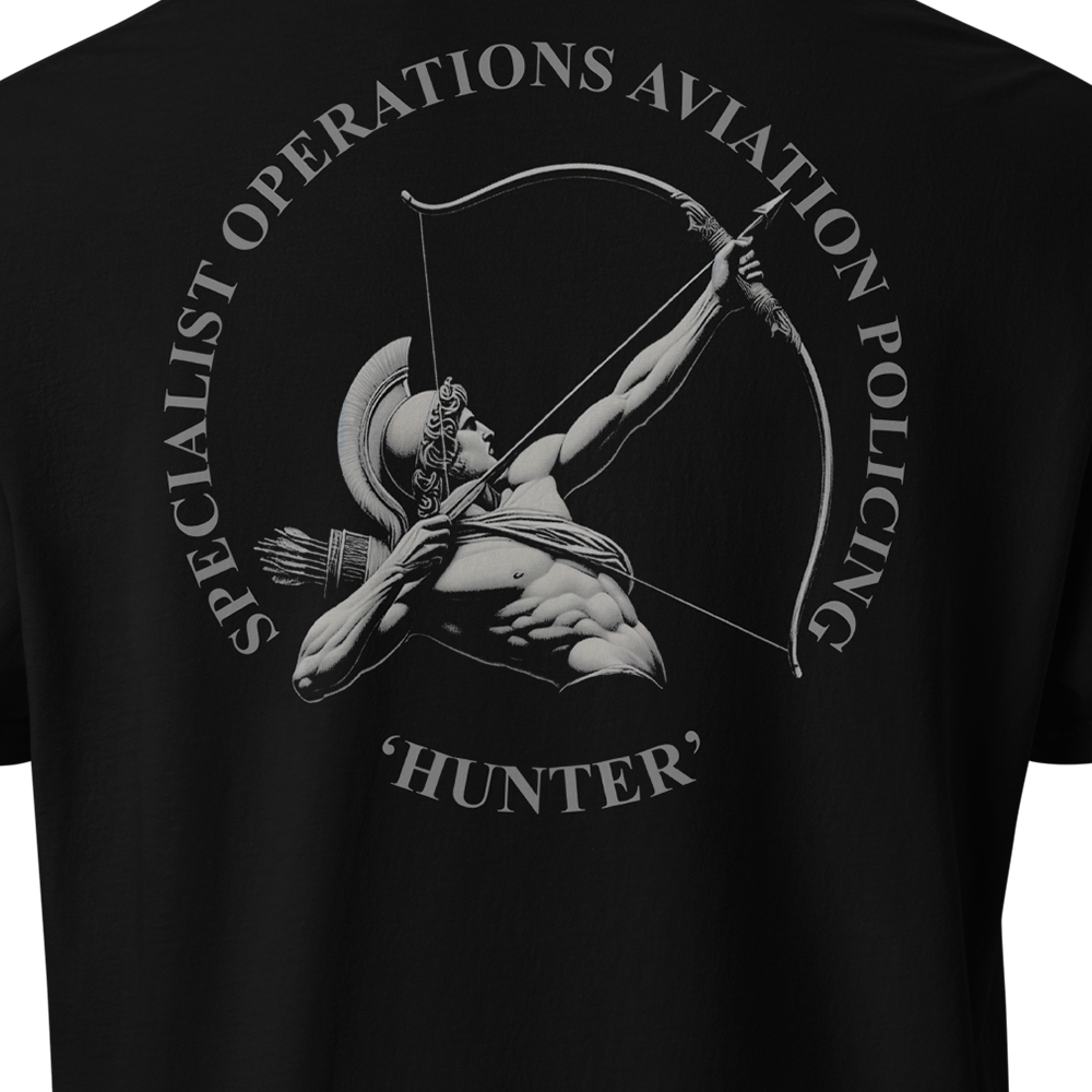 Close up of front and back view of Black short sleeve classic cotton unisex fit T-Shirt by Achilles Tactical Clothing Brand with screen printed Hunter design on back