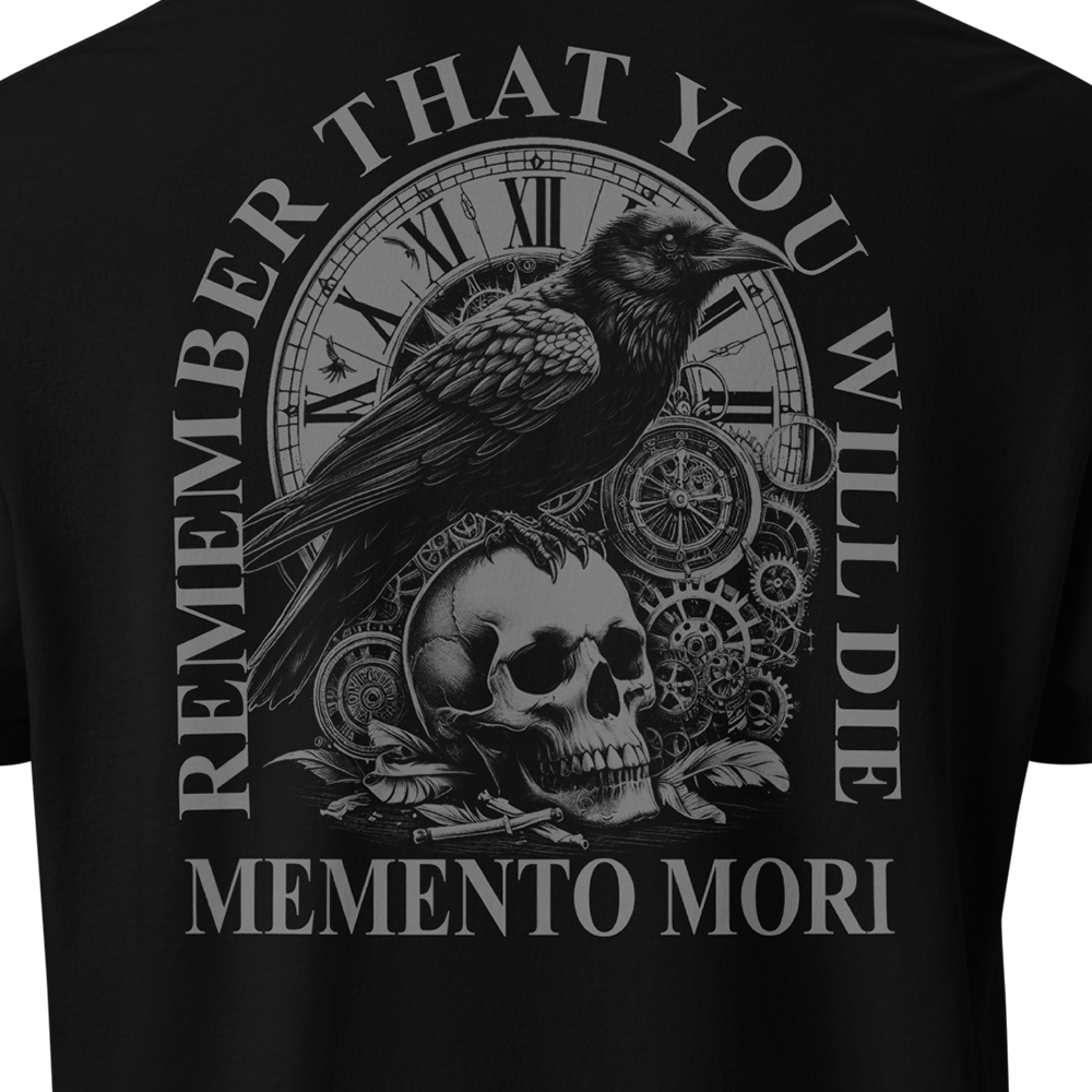 Close up of back view of Black short sleeve classic cotton unisex fit T-Shirt by Achilles Tactical Clothing Brand with screen printed Memento Mori design on back