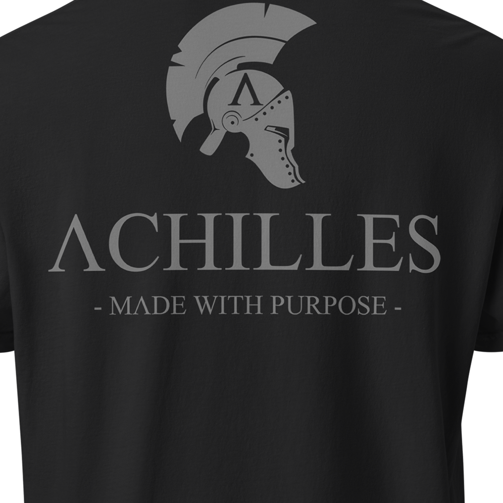 Close up of back centre of Black short sleeve unisex fit classic cotton T-Shirt by Achilles Tactical Clothing Brand printed with Large Signature Branded design across back