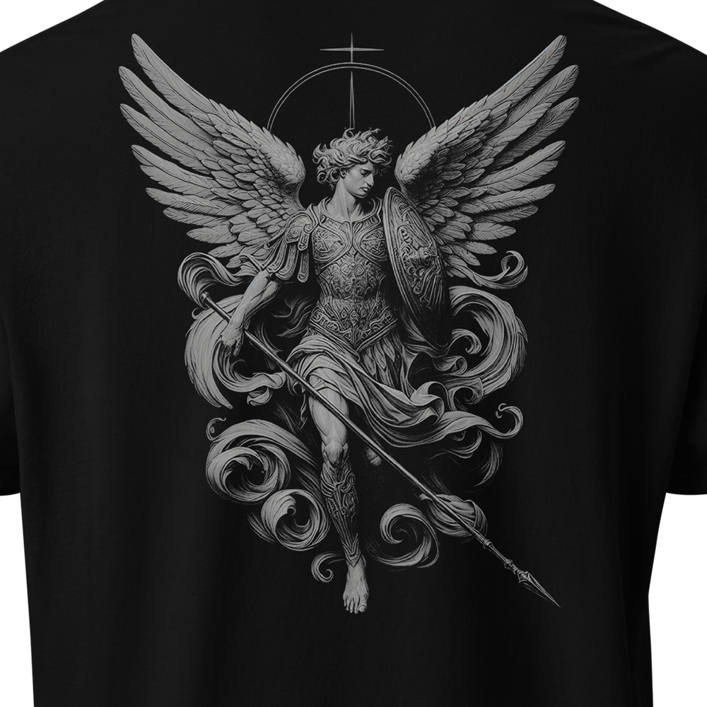 Close up of back view of Black short sleeve unisex fit classic cotton T-Shirt by Achilles Tactical Clothing Brand printed with Large Archangel design across back