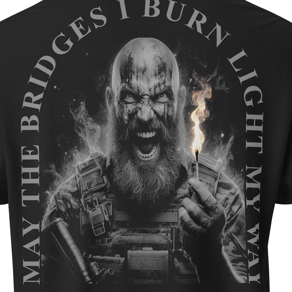 Close up of back view of Black short sleeve unisex fit classic cotton T-Shirt by Achilles Tactical Clothing Brand printed with Large Burn The bridges design across back