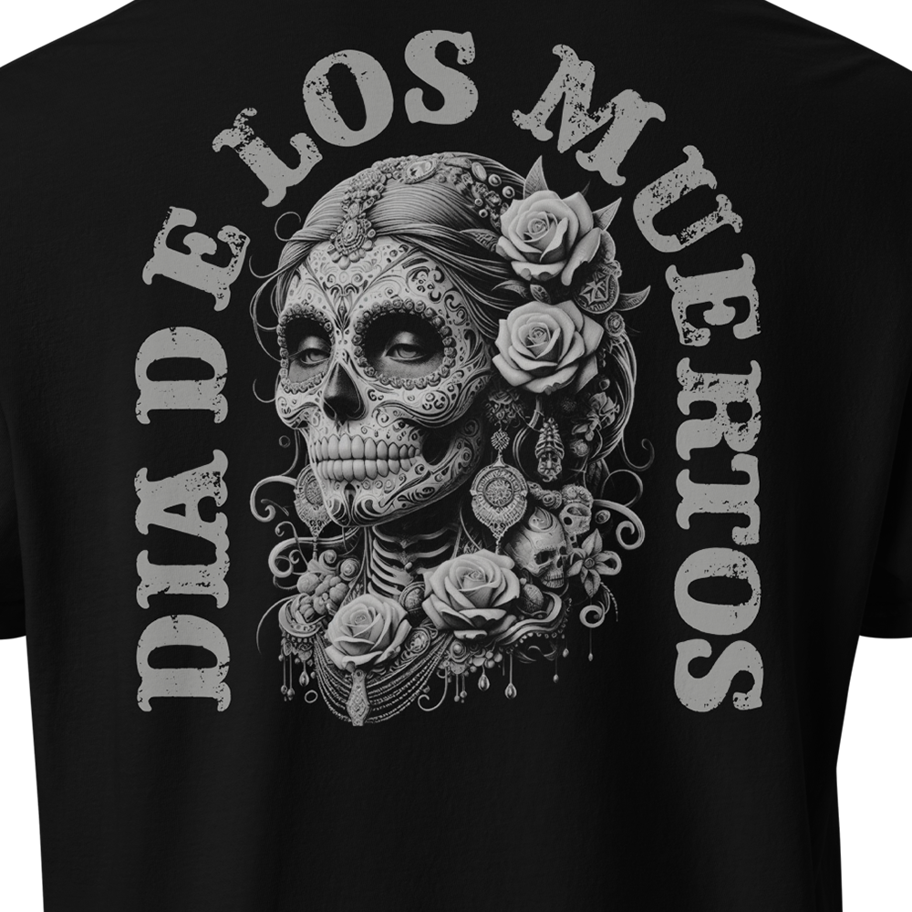 Close up of back view of Black short sleeve unisex fit classic cotton T-Shirt by Achilles Tactical Clothing Brand printed with Large Dia De Los Muertos design across back