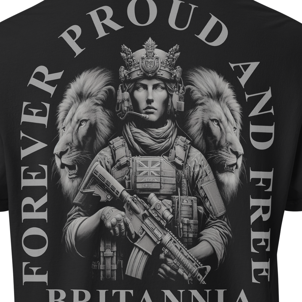 Close up of back view of Black short sleeve unisex fit classic cotton T-Shirt by Achilles Tactical Clothing Brand printed with Large Proud and Free Britannia design across back