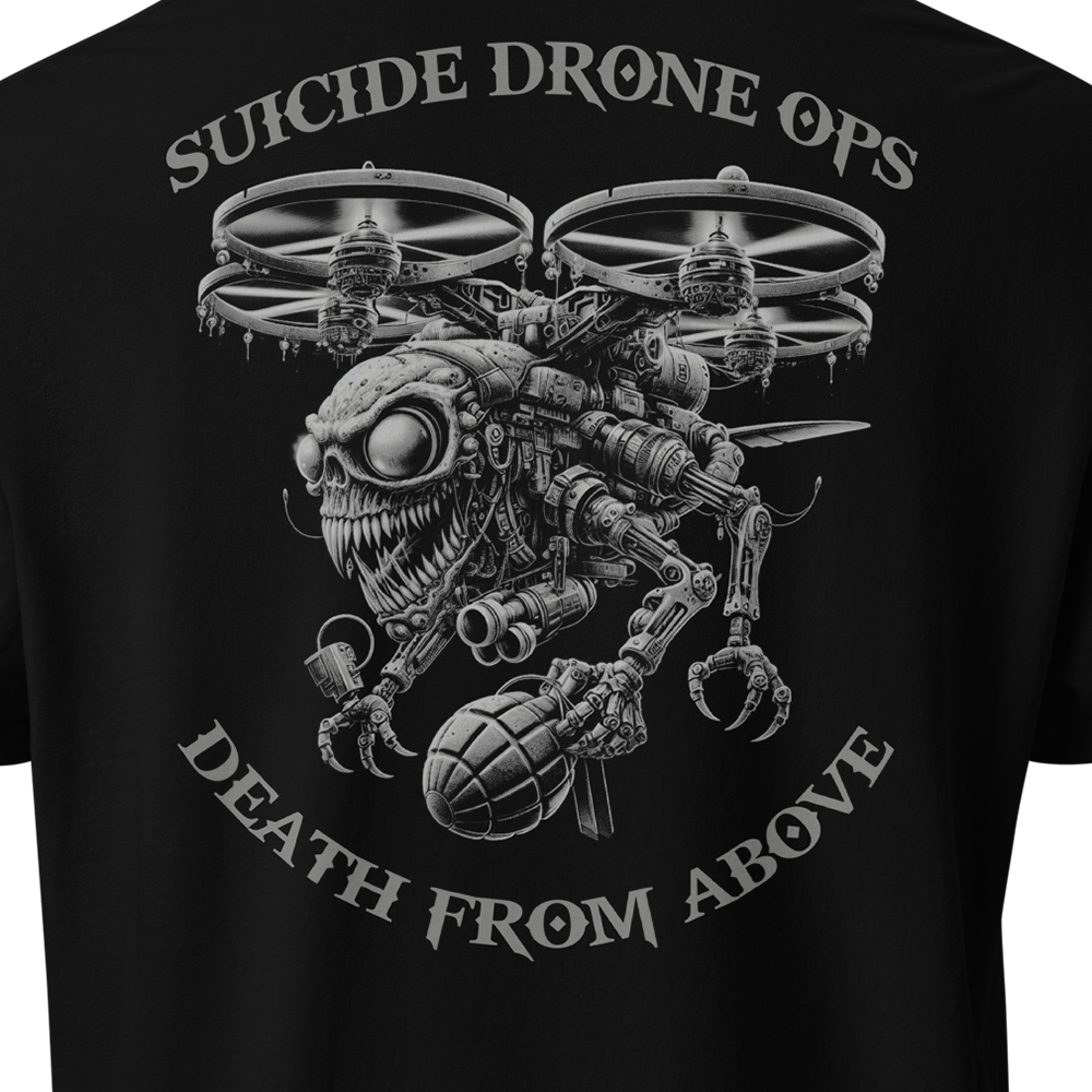 Close up of back centre of Black short sleeve classic cotton unisex fit T-Shirt by Achilles Tactical Clothing Brand with screen printed Suicide drone ops design on back