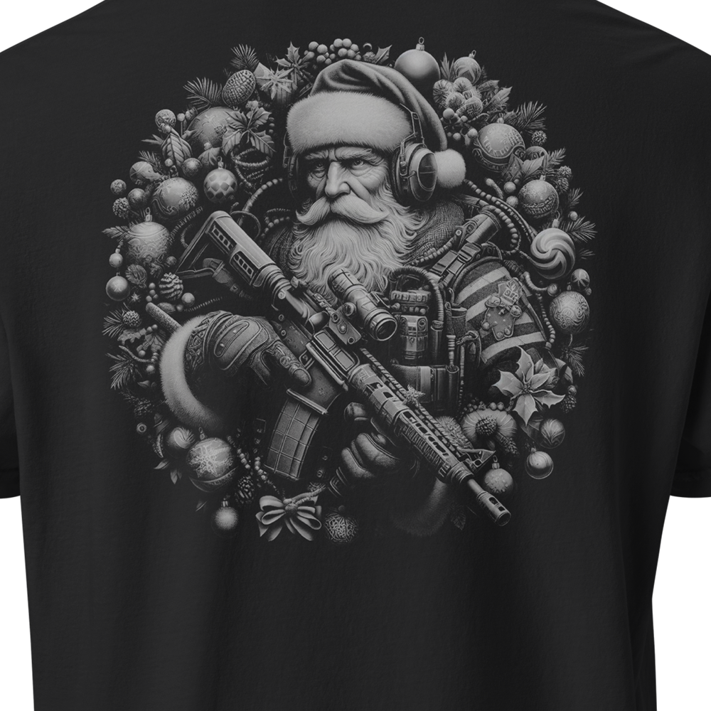 Close up of back view of Black short sleeve unisex fit classic cotton T-Shirt by Achilles Tactical Clothing Brand printed with Large Tactical Santa design across back