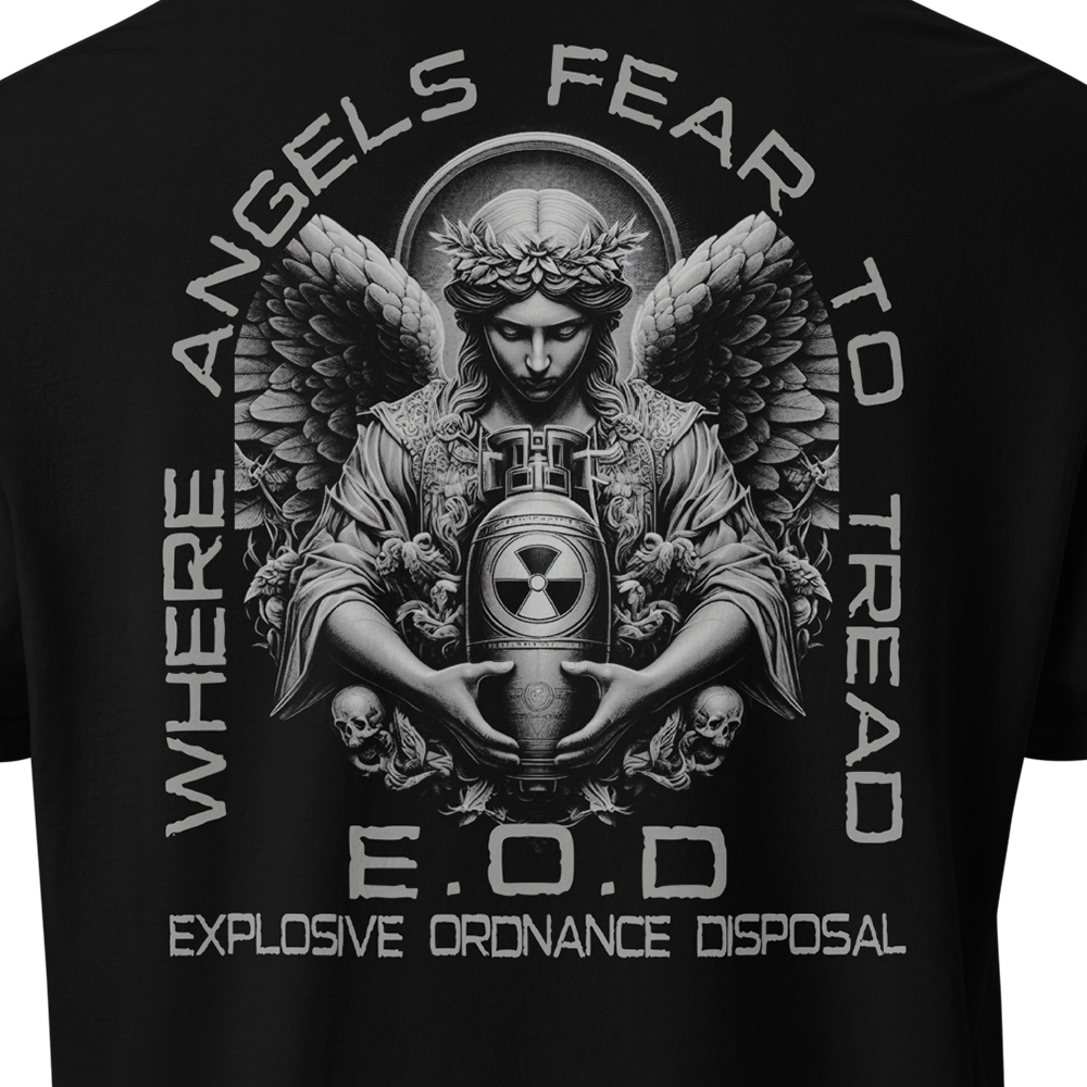 Close up of back centre of Black short sleeve classic cotton unisex fit T-Shirt by Achilles Tactical Clothing Brand with screen printed where angels fear to tread design on back