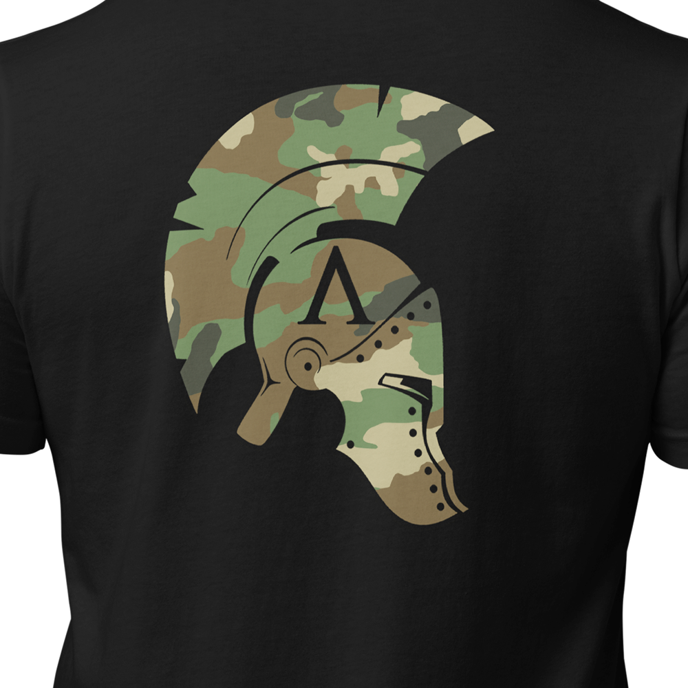 Close up of back centre view of Black short sleeve unisex fit original cotton T-Shirt by Achilles Tactical Clothing Brand printed with DPM Icon Design across back