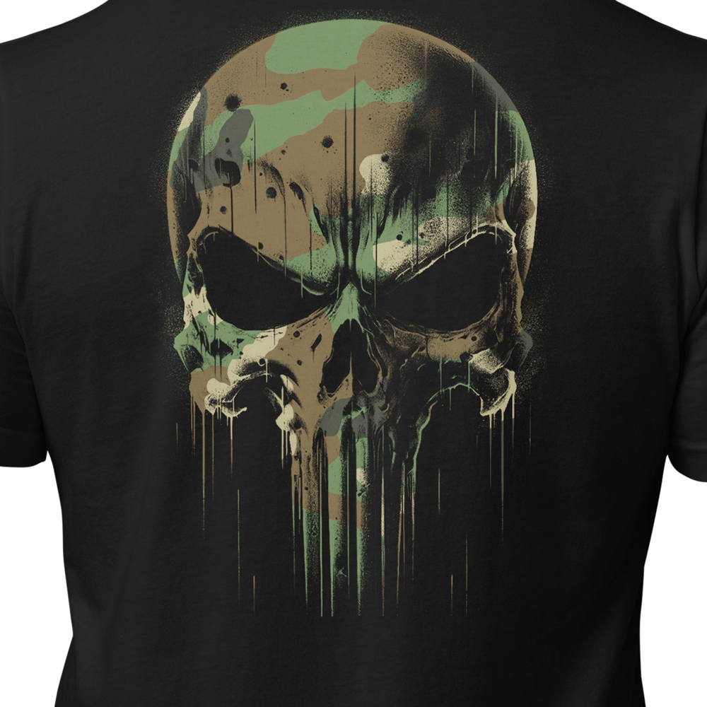 Close up of back centre view of Black short sleeve unisex fit original cotton T-Shirt by Achilles Tactical Clothing Brand printed with DPM Skull Design across back