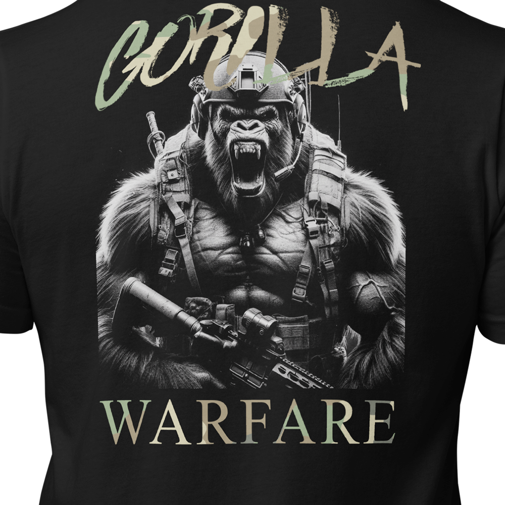 Close up back view of Black short sleeve unisex fit original cotton T-Shirt by Achilles Tactical Clothing Brand printed with Large Gorilla Warfare design across back