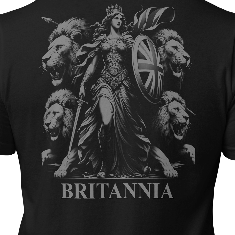 Close up of back centre view of Black short sleeve unisex fit original cotton T-Shirt by Achilles Tactical Clothing Brand printed with Britannia Design across back
