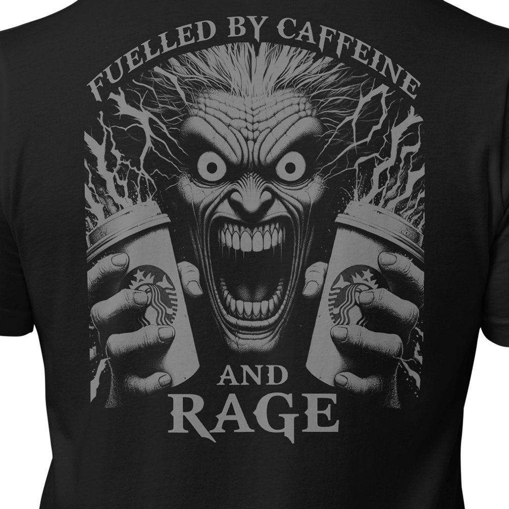 Close up of back centre view of Black short sleeve unisex fit original cotton T-Shirt by Achilles Tactical Clothing Brand printed with Caffeine and Rage Design across back