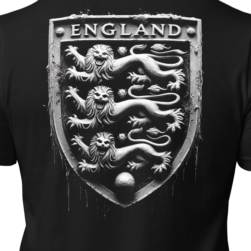 Close up back view of Black short sleeve unisex fit original cotton T-Shirt by Achilles Tactical Clothing Brand printed with Large England design across back