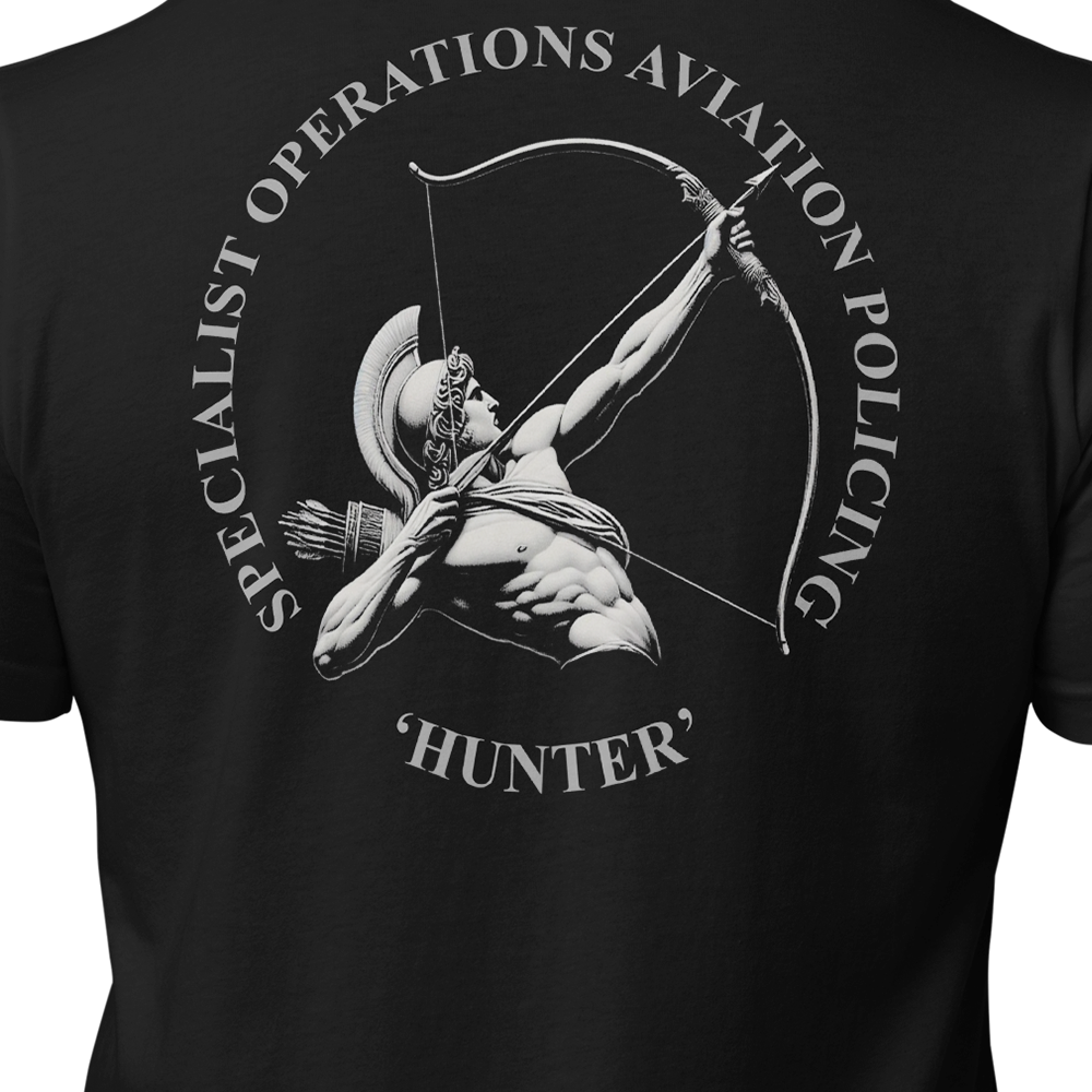 Close up of back view of Black short sleeve unisex fit original cotton T-Shirt by Achilles Tactical Clothing Brand printed with Hunter design across back