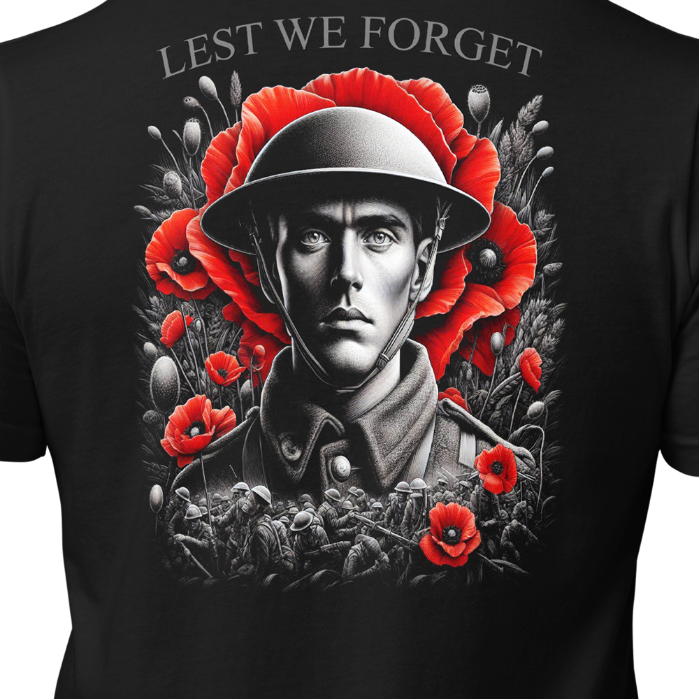 Close up of back centre view of Black short sleeve unisex fit original cotton T-Shirt by Achilles Tactical Clothing Brand printed with Lest we forget Design across back