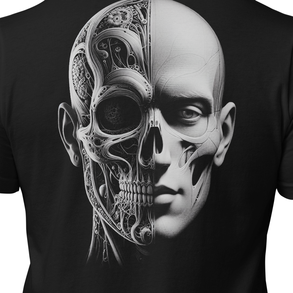 Close up back view of Black short sleeve unisex fit original cotton T-Shirt by Achilles Tactical Clothing Brand printed with Large Prometheus design across back