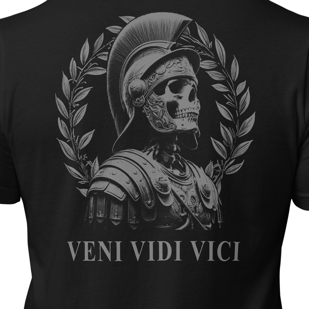 Close up of back centre view of Black short sleeve unisex fit original cotton T-Shirt by Achilles Tactical Clothing Brand printed with Veni Vidi Vici Design across back