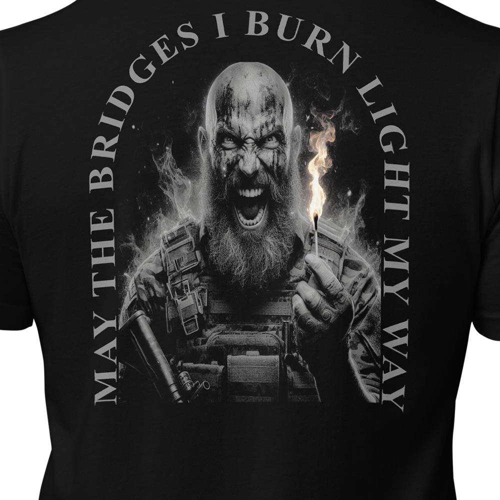 Close up of back view of Black short sleeve unisex fit original cotton T-Shirt by Achilles Tactical Clothing Brand printed with burn the bridges design across back