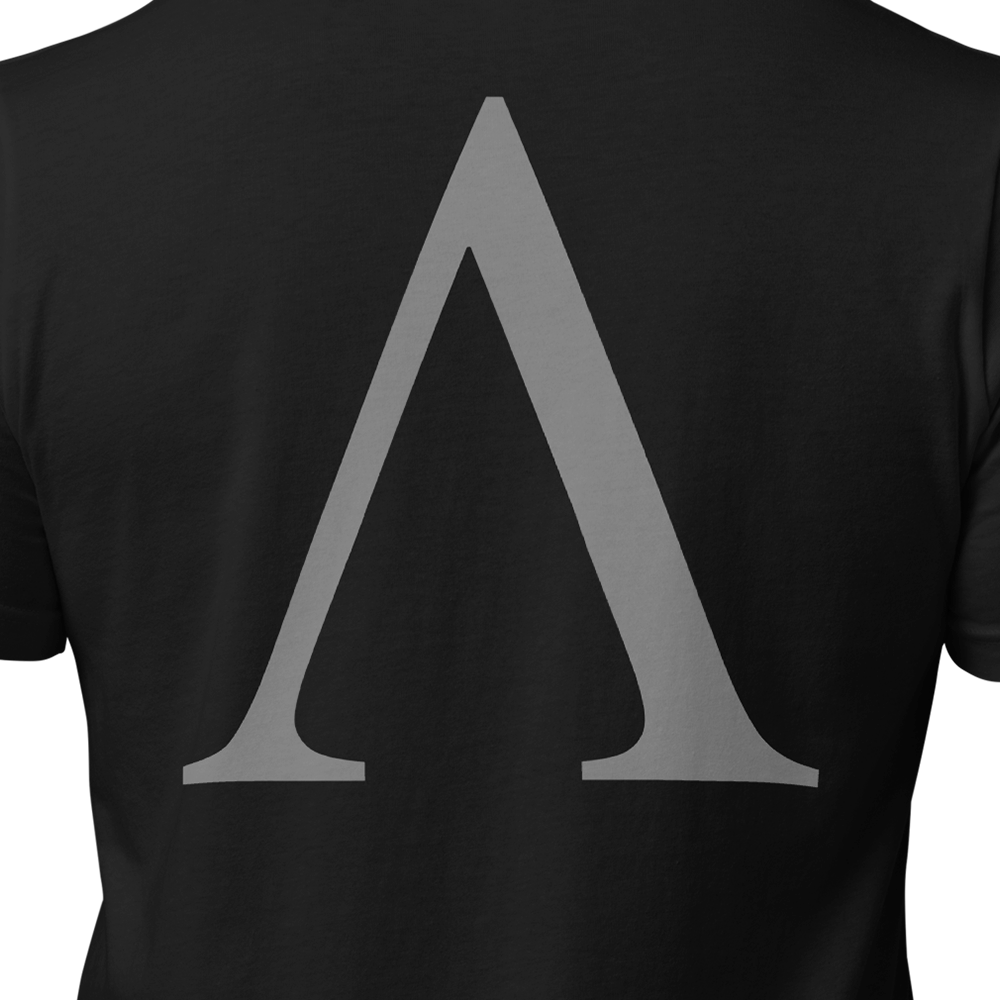 Close up of back view of Black short sleeve unisex fit original cotton T-Shirt by Achilles Tactical Clothing Brand printed with Wolf Grey Large Alpha logo across back