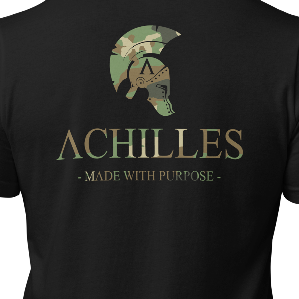 Close up back view of Black short sleeve unisex fit original cotton T-Shirt by Achilles Tactical Clothing Brand printed with DPM Cam Large Signature logo across back