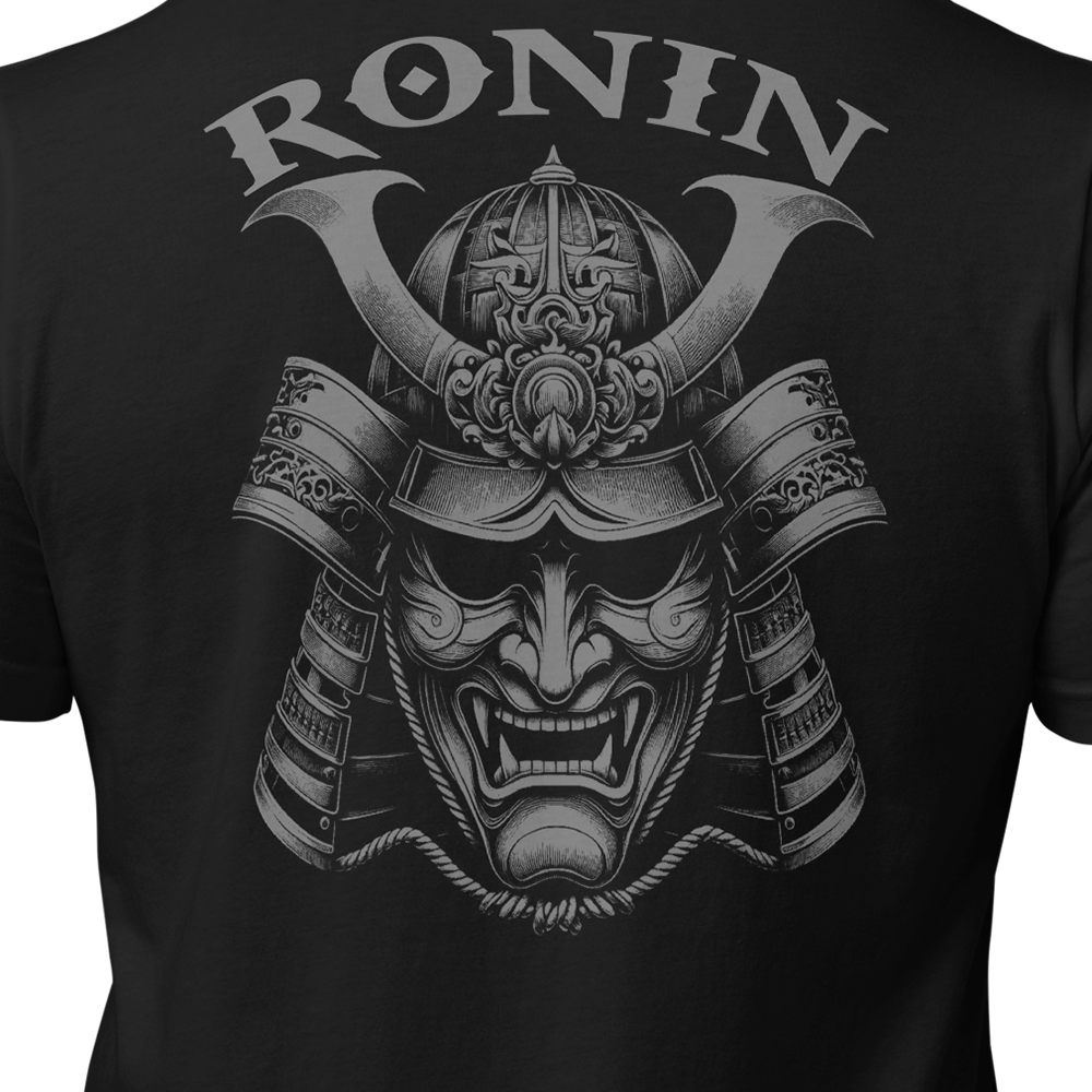Close up of back centre view of Black short sleeve unisex fit original cotton T-Shirt by Achilles Tactical Clothing Brand printed with Ronin Design across back