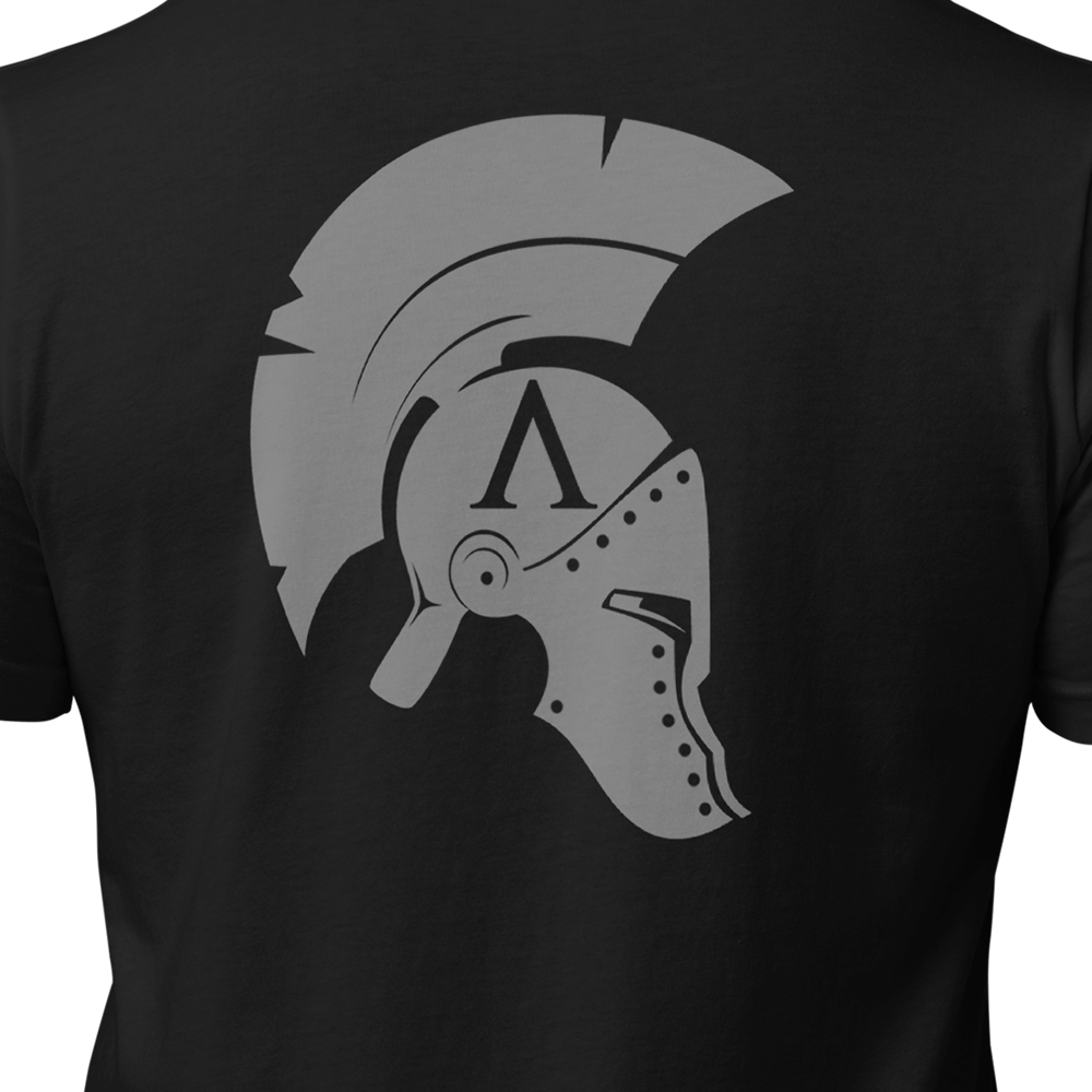 Close up of back of Black short sleeve unisex fit original cotton T-Shirt by Achilles Tactical Clothing Brand printed with Wolf Grey Large Icon logo across back