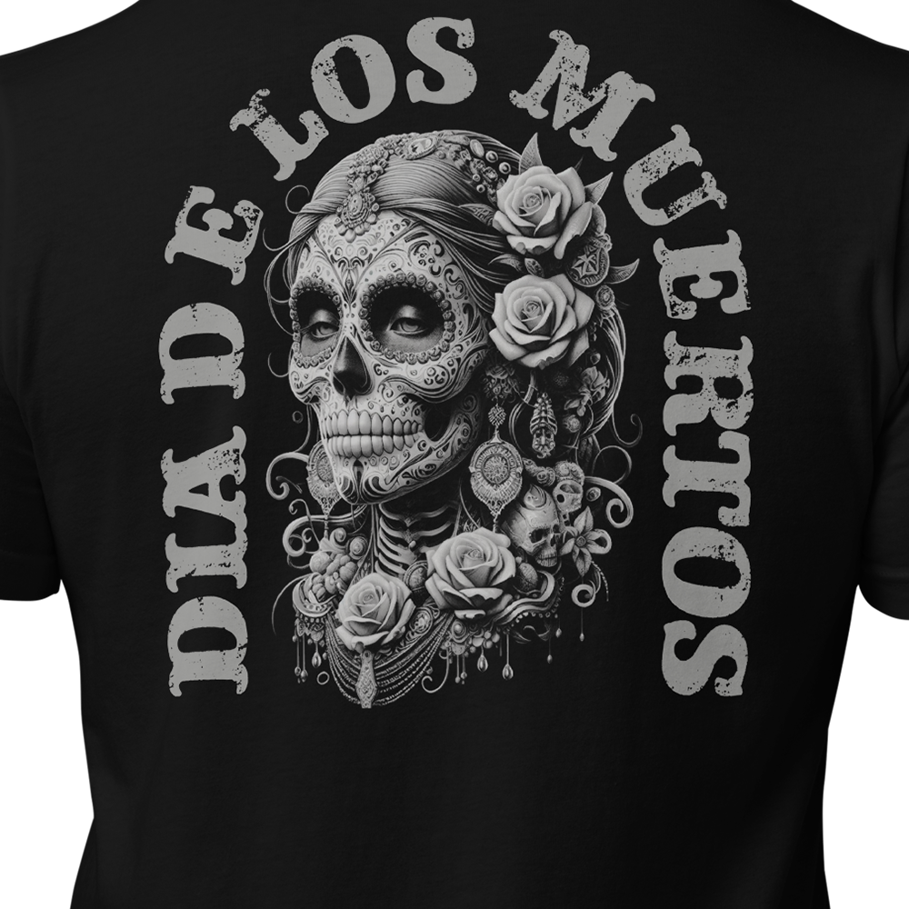 Close up of back view of Black short sleeve unisex fit original cotton T-Shirt by Achilles Tactical Clothing Brand printed with Large Dia De Los Muertos design across back